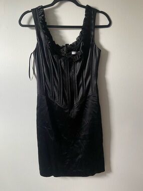 Maje Black Satin and Faux-Leather Ruffle-Trim Mini Dress
